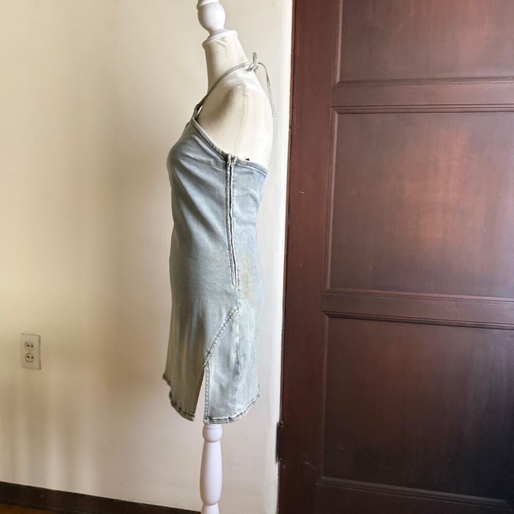SER.O.YA Sage Denim Halter Mini Dress Slit in Skylight | Medium BNWT - Picture 4 of 6